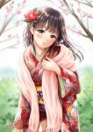  1girl artist_request black_hair blurry blush brown_eyes cherry_blossoms closed_mouth commentary_request depth_of_field eyebrows_visible_through_hair flower hair_flower hair_ornament japanese_clothes kimono light_smile long_hair looking_at_viewer original scarf solo 