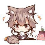  +++ 1girl animal_ears bangs blush bowl brown_hair chibi chopsticks closed_mouth cup eating eyebrows_visible_through_hair food fox_ears fox_girl fox_tail fruit hair_between_eyes holding holding_chopsticks kotatsu long_hair mandarin_orange on_floor original red_eyes sitting table tail yunomi yuuji_(yukimimi) 