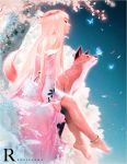  1girl anklet artist_name bare_shoulders barefoot butterfly_on_nose cherry_blossoms closed_eyes closed_mouth commentary day dutch_angle fox full_body jewelry long_hair original outdoors petals ross_tran signature sitting tree very_long_hair 