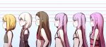  6+girls :d bangs bare_shoulders black_gloves blonde_hair blue_background blush bra brown_hair brown_hairband bust_chart chacha_(fate/grand_order) closed_eyes closed_mouth crop_top elbow_gloves euryale eyebrows_visible_through_hair fate/extra fate/grand_order fate_(series) flat_chest gloves green_shirt grin hand_on_own_chest highres lingerie long_hair low_twintails medusa_(lancer)_(fate) multiple_girls negligee nursery_rhyme_(fate/extra) open_mouth paul_bunyan_(fate/grand_order) pink_eyes profile purple_hair red_bra rider shirt short_hair silver_hair sketch smile stheno twintails underwear very_long_hair violet_eyes wadakazu white_bra yellow_eyes 
