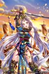  1girl :o battle_standard black_gloves breasts clouds fantasy fighting_stance fingerless_gloves gloves gradient_sky greaves hakuda_tofu headpiece highres horse long_hair official_art red_eyes sangokushi_ranbu silver_hair solo_focus sunset sword tassel thigh_strap thighs very_long_hair watermark weapon 