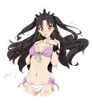  1girl bare_shoulders bikini black_hair black_ribbon breasts cropped_legs crown earrings fate/grand_order fate_(series) food front-tie_bikini front-tie_top hair_ribbon hands_on_own_chest highres ishtar_(fate/grand_order) jewelry long_hair looking_at_viewer mismatched_bikini mouth_hold navel pink_bikini_top pocky red_eyes ribbon side-tie_bikini signature simple_background small_breasts solo standing swimsuit tohsaka_rin two_side_up very_long_hair vesperiastar water_drop white_background white_bikini_bottom wrist_bow 