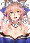  1girl animal_ears bangs bare_shoulders blue_bow blush bow breasts cleavage detached_sleeves fate/extra fate/grand_order fate_(series) fox_ears fox_girl hair_bow hair_ornament hair_ribbon large_breasts long_hair looking_at_viewer nd open_mouth pink_hair ribbon rinaka_moruchi simple_background smile solo tamamo_(fate)_(all) tamamo_no_mae_(fate) text thank_you white_background yellow_eyes 