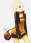  alternate_hairstyle angryspidercat artist_name bag black_choker black_jacket black_shorts blonde_hair blue_eyes creator_(dungeon_and_fighter) dress dungeon_and_fighter eyewear_removed glasses jacket pointy_ears shorts white_background yellow_dress 