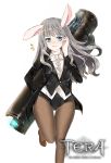  1girl animal_ears artist_request black_coat black_legwear black_leotard blue_eyes bow bowtie bunnysuit coat copyright_name elin_(tera) hand_on_own_face hug huge_weapon leg_lift leotard long_hair pantyhose rabbit_ears shirt shoes silver_hair smile solo standing standing_on_one_leg tera_online thigh_gap weapon white_shirt 