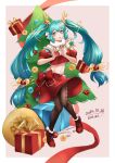 1girl absurdres aqua_eyes aqua_hair bell candy candy_cane christmas christmas_tree dated earmuffs eyebrows_visible_through_hair food full_body gift hatsune_miku heart heart_hands highleg highleg_panties highres jingle_bell knees_together_feet_apart long_hair looking_at_viewer navel open_mouth panties pantyhose sack sidelocks skirt solo twintails underwear very_long_hair vocaloid 