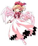  1girl alphes_(style) bangs black_vest blonde_hair bow bowtie closed_mouth dairi eyebrows eyebrows_visible_through_hair feathered_wings feathers full_body gengetsu hair_between_eyes hair_bow long_sleeves parody red_bow red_neckwear shirt short_hair simple_background skirt skirt_set smile socks solo style_parody tareme touhou touhou_(pc-98) transparent_background vest white_footwear white_shirt white_skirt white_wings wings yellow_eyes 