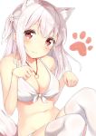  1girl :3 animal_ears bangs bare_shoulders bikini blush breasts cleavage collarbone dog_ears dog_tail eyebrows_visible_through_hair front-tie_bikini front-tie_top hair_ornament head_tilt jewelry karutamo long_hair looking_at_viewer medium_breasts navel necklace original paw_pose paw_print red_eyes side_ponytail simple_background sitting smile solo swimsuit tail thigh-highs tisshu_(karutamo) white_background white_bikini white_hair white_legwear 