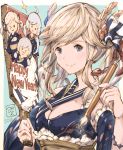  &gt;_&lt; ._. 1girl ahoge alternate_costume blonde_hair blue_eyes calligraphy_brush doraf granblue_fantasy hagoita hair_ribbon highres horns japanese_clothes kukuru_(granblue_fantasy) kumuyu milli_little paddle paintbrush ribbon silva_(granblue_fantasy) silver_hair smile solo sparkle twintails year 