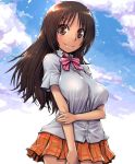  1girl amania_orz breasts brown_eyes brown_hair character_request copyright_request large_breasts long_hair looking_at_viewer pleated_skirt ribbon short_sleeves skirt smile solo 