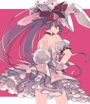  1girl animal_ears bare_back bow bunny_tail choker closed_mouth detached_sleeves di_gi_charat dress hair_bow hiyo_moo long_hair looking_back petticoat pink_background pink_dress pink_hair profile rabbit_ears red_bow simple_background smirk solo tail usada_hikaru very_long_hair 