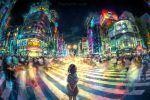  1girl arms_behind_back black_hair blurry building city commentary hands_together highres hood hood_down night original shinjuku short_hair solo_focus standing tokyo_(city) tree watermark web_address wenqing_yan 