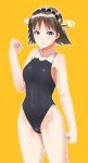 1girl 30-06 black_swimsuit blue_eyes brown_hair competition_swimsuit cowboy_shot flipped_hair hairband headgear hiei_(kantai_collection) highleg highleg_swimsuit highres kantai_collection looking_at_viewer one-piece_swimsuit raised_fist short_hair simple_background smile solo standing swimsuit yellow_background 