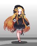  1girl abigail_williams_(fate/grand_order) bangs black_dress black_hat blonde_hair bloomers blue_eyes bow commentary_request dress fate/grand_order fate_(series) forehead full_body hair_bow hands_in_sleeves hat long_hair long_sleeves looking_at_viewer parted_bangs pixel_art solo standing standing_on_one_leg stuffed_animal stuffed_toy teddy_bear terishe underwear very_long_hair white_bloomers 