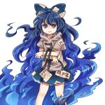  1girl blue_eyes blue_hair blue_skirt bow bracelet debt hair_bow hood hoodie jewelry long_hair looking_at_viewer pote_(ptkan) short_sleeves simple_background skirt solo stuffed_animal stuffed_cat stuffed_toy touhou white_background yorigami_shion 