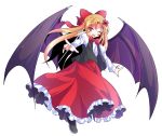  1girl alphes_(style) bangs bat_wings black_footwear black_vest blonde_hair bow bowtie dairi elis_(touhou) eyebrows eyebrows_visible_through_hair facial_mark facing_away flat_chest flower frilled_skirt frills full_body hair_between_eyes hair_bow hair_flower hair_intakes hair_ornament loafers long_hair long_skirt long_sleeves looking_at_viewer open_clothes open_vest parody pointy_ears puffy_long_sleeves puffy_sleeves red_bow red_neckwear red_skirt shirt shoes simple_background skirt solo star style_parody touhou touhou_(pc-98) transparent_background tsurime vest violet_eyes wand white_shirt wings 