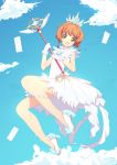  1girl brown_hair card_captor_sakura clear_card green_eyes high_heels highres kinomoto_sakura looking_at_viewer short_hair smile solo tagme violetsang 