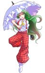  1girl :d alphes_(style) arm_behind_back ascot bangs bare_arms breasts collared_shirt dairi eyebrows eyebrows_visible_through_hair facing_viewer full_body green_eyes green_hair hair_between_eyes head_tilt highres holding holding_umbrella kazami_yuuka kazami_yuuka_(pc-98) leg_up long_hair looking_away medium_breasts open_clothes open_mouth open_vest pants parody plaid plaid_pants plaid_vest puffy_short_sleeves puffy_sleeves red_pants red_vest shirt short_sleeves simple_background smile socks solo style_parody touhou touhou_(pc-98) transparent_background umbrella vest white_legwear white_shirt white_umbrella yellow_neckwear 