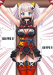  1girl armpits arms_up bangs bare_shoulders blue_eyes blunt_bangs bound bound_arms bound_legs bound_torso breasts cleavage cleavage_cutout crucifixion crying crying_with_eyes_open emphasis_lines gag hair_ornament hairclip highres japanese_clothes kaguya_luna kaguya_luna_(character) kazenokaze kimono large_breasts long_hair looking_at_viewer multicolored multicolored_eyes obi outstretched_arms pink_eyes red_legwear restrained sash short_kimono silver_hair simple_background skindentation sleeveless sleeveless_kimono solo spread_arms stationary_restraints streaming_tears tareme tears thigh-highs tied_up twintails white_background 