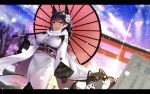  1girl :&lt; :d animal animal_ears atago_(azur_lane) azur_lane bangs bell black_gloves black_hair blurry blurry_foreground blush breasts brown_eyes depth_of_field dog dutch_angle eyebrows_visible_through_hair flower fur_collar glint gloves hair_flower hair_ornament highres holding holding_umbrella japanese_clothes jingle_bell kagiyama_(gen&#039;ei_no_hasha) kimono large_breasts lens_flare letterboxed light_beam long_hair long_sleeves looking_at_viewer mole mole_under_eye obi open_mouth oriental_umbrella outdoors over_shoulder sash see-through shooting_star smile solo standing swept_bangs torii umbrella underbust white_kimono wide_sleeves 