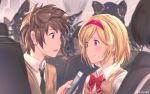  1boy 1girl alternate_costume blonde_hair brown_eyes brown_hair commentary_request djeeta_(granblue_fantasy) gran_(granblue_fantasy) granblue_fantasy green_neckwear hairband highres holding holding_phone kimi_no_na_wa milli_little parody phone red_hairband school_uniform short_hair spoilers sweater_vest train_interior twitter_username 