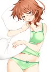  1girl araki_hina bare_shoulders blush bow bow_panties breasts brown_eyes brown_hair camisole cleavage glasses green_panties green_shirt hatakenaka_(kamagabuchi) highres hips idolmaster idolmaster_cinderella_girls looking_at_viewer medium_breasts messy_hair midriff open_mouth panties pillow pillow_hug shirt short_hair simple_background smile solo underwear wavy_hair white_background 