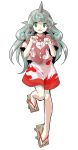  1girl :d alphes_(style) aqua_hair bare_arms buttons cloud_print collared_shirt curly_hair dairi eyebrows eyebrows_visible_through_hair full_body geta green_eyes horn kariyushi_shirt knees_together_feet_apart komano_aun leg_up long_hair looking_at_viewer open_mouth palms parody paw_pose pink_shirt shirt short_sleeves shorts simple_background smile solo standing standing_on_one_leg style_parody tareme touhou transparent_background white_shorts 