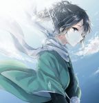  1boy black_hair blue_eyes blue_sky closed_mouth clouds day from_side hair_ribbon light_rays looking_down male_focus open_clothes outdoors pom_pom_(clothes) ponytail profile ribbon scarf sky smile sunbeam sunlight touken_ranbu umigumo_yuuna upper_body white_scarf wide_sleeves yamato-no-kami_yasusada 