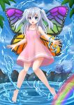  &gt;_&lt; 1girl :d animal bare_legs bare_shoulders barefoot blue_eyes blush butterfly_wings dress eyebrows_visible_through_hair floating hair_between_eyes highres kazenokaze long_hair looking_at_viewer open_mouth original outdoors pink_dress rainbow silver_hair smile twintails water wings xd 