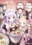  alternate_costume black_hair black_ribbon blonde_hair blue_eyes character_request death-the-cat detached_sleeves elf emilia_(re:zero) enmaided eyes_visible_through_hair flower frilled_sleeves frills hair_flower hair_ornament highres indoors long_hair looking_at_viewer maid maid_headdress natsuki_subaru pointy_ears purple_ribbon re:zero_kara_hajimeru_isekai_seikatsu ribbon smile violet_eyes 