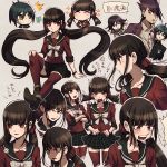  1girl 3boys ankle_boots aoki_(fumomo) black_hair boots character_sheet dangan_ronpa full_body hair_ornament hairclip harukawa_maki long_hair looking_at_viewer low_twintails mole mole_under_eye multiple_boys new_dangan_ronpa_v3 plaid plaid_skirt pleated_skirt red_legwear school_uniform scrunchie serafuku skirt thigh-highs twintails very_long_hair 