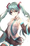  1girl absurdres detached_sleeves eyebrows_visible_through_hair green_eyes green_hair hatsune_miku highres long_hair necktie skirt smile solo thigh-highs twintails very_long_hair vocaloid white_background yanggang 