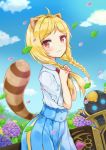  1girl animal_ears artist_request blonde_hair blue_skirt braid brown_eyes clouds elin_(tera) flower hydrangea leaf long_hair raccoon_ears raccoon_tail robot shirt skirt sky smile solo tail tera_online twin_braids twintails tying_hair white_shirt wind 