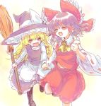  &gt;:d 2girls ^_^ ascot bare_shoulders blonde_hair blouse blush boots bow braid broom brown_hair closed_eyes detached_sleeves frilled_shirt_collar frilled_skirt frills hair_bow hair_ribbon hair_tubes hakurei_reimu hand_holding hat hat_bow hat_ribbon kirisame_marisa large_bow laughing long_hair long_sleeves medium_hair mochi547 multiple_girls ribbon ribbon-trimmed_sleeves ribbon_trim running side_braid single_braid skirt skirt_set touhou turtleneck v-shaped_eyebrows vest wavy_hair wide_sleeves witch_hat 