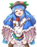  1girl :d ^_^ blue_hair blush boots bow bowtie closed_eyes commentary food food_on_head fruit fruit_on_head fun_bo hat hinanawi_tenshi kneehighs long_hair long_skirt object_on_head open_mouth peach skirt skirt_lift smile solo touhou 