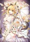  1girl :d ahoge artoria_pendragon_(all) blonde_hair breasts caliburn death-the-cat dress excalibur eyebrows_visible_through_hair fate/unlimited_codes fate_(series) flower green_eyes hair_flower hair_ornament highres holding holding_sword holding_weapon large_breasts lily_(flower) looking_at_viewer open_mouth petals ponytail rose saber_lily smile solo sword thigh-highs weapon white_dress white_flower white_legwear 