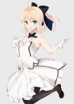  1girl :d ahoge armpits artoria_pendragon_(all) bare_shoulders black_footwear black_legwear black_neckwear blonde_hair blush bow bowtie breasts commentary_request detached_collar dress eyebrows_visible_through_hair fate/grand_order fate_(series) gloves green_eyes grey_background hair_between_eyes hands_up ica looking_at_viewer open_mouth pantyhose saber_lily simple_background small_breasts smile solo standing standing_on_one_leg white_dress white_gloves 