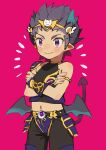  1boy armor bikini_armor blue_hair blush crossed_arms demon_boy demon_tail demon_wings great_kichi horns male_focus mini_wings pointy_ears pop-up_story smile solo tail violet_eyes wings ziz_glover 