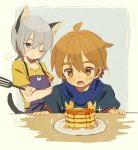  2boys animal_ears apron blue_eyes blush brown_eyes brown_hair butter cat_ears cat_tail catboy food forked_eyebrows great_kichi ledo_vassar male_focus multiple_boys open_mouth pancake pop-up_story selim_spark silver_hair sparkle spatula stack_of_pancakes syrup tail 