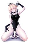  1girl artoria_pendragon_(all) bare_legs black_gloves black_nails black_swimsuit blonde_hair blue_ribbon bottle breasts choker competition_swimsuit covered_navel fate/grand_order fate_(series) full_body gloves gluteal_fold hair_between_eyes hair_ribbon hand_up head_tilt high_heels highleg highleg_swimsuit holding looking_at_viewer lotion medium_breasts nail_polish one-piece_swimsuit ribbon saber_alter sandals simple_background smile solo swimsuit tiara toenail_polish ulrich_(tagaragakuin) white_background yellow_eyes 