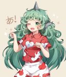  1girl ;d animal_ears bangs blush breasts brown_background caramell0501 collared_shirt cowboy_shot curly_hair curtains eyebrows_visible_through_hair fang green_eyes green_hair hands_up heart horn komano_aun long_hair looking_at_viewer medium_breasts one_eye_closed open_mouth paw_pose red_shirt shiny shiny_hair shirt short_sleeves simple_background skirt smile solo sparkle standing tareme touhou translated very_long_hair white_skirt 