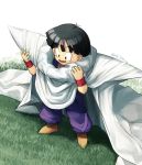  1boy :d armor black_eyes black_hair cape child dragon_ball dragonball_z grass hal7040 open_mouth shoulder_armor smile solo son_gohan twitter_username wristband 