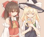  2girls :o ascot blonde_hair blouse blush bow braid breasts brown_hair check_commentary commentary commentary_request crepe detached_sleeves eating food food_on_face frilled_shirt_collar frills hair_bow hair_ribbon hair_tubes hakurei_reimu half_updo happy hat hat_bow hat_ribbon kirisame_marisa large_bow long_hair long_sleeves marisuku multiple_girls navel puffy_short_sleeves puffy_sleeves red_eyes ribbon ribbon-trimmed_sleeves ribbon_trim short_sleeves side_braid single_braid skirt skirt_set small_breasts smile touhou vest wide_sleeves witch_hat 