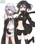  2girls :d amano_kouki bangs bare_shoulders bike_shorts black_bra black_cape black_gloves black_hair black_hoodie black_sclera black_shorts blue_eyes blush borrowed_character bra breasts camisole cape character_request cleavage eyebrows_visible_through_hair gloves goggles goggles_around_neck groin hair_between_eyes hair_ornament hair_over_one_eye hairclip highres hood hoodie long_hair long_sleeves looking_at_viewer medium_breasts multiple_girls navel open_clothes open_hoodie open_mouth original pleated_skirt shorts simple_background skirt smile strap_slip training_bra translation_request underwear white_background white_camisole white_skirt 