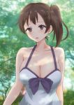  1girl alternate_costume bangs bare_shoulders blush bow breasts brown_eyes brown_hair casual cleavage collarbone commentary_request dress earrings highres jewelry kaga_(kantai_collection) kamikitayotsuba kantai_collection large_breasts leaf looking_at_viewer open_mouth short_hair side_ponytail solo sundress tree upper_body 