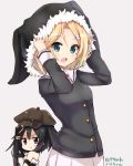  2girls :d amano_kouki arm_up bangs bare_shoulders black_dress black_gloves black_hair black_hat black_shirt blonde_hair blue_eyes blush borrowed_character breasts brown_background brown_hat character_request closed_mouth deerstalker dress elbow_gloves eyebrows_visible_through_hair fingerless_gloves fur-trimmed_dress fur-trimmed_hat gloves hair_between_eyes hair_ornament hairclip hat headwear_switch highres long_hair long_sleeves looking_at_viewer medium_breasts mole mole_under_eye multiple_girls note-chan open_mouth original pleated_skirt shirt side_ponytail simple_background skirt smile strapless strapless_dress translation_request v-shaped_eyebrows violet_eyes white_skirt 