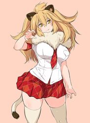  animal_ears blonde_hair breasts buttons kemono_friends kuronyan large_breasts lion_(kemono_friends) lion_ears lion_tail red_skirt shirt skirt tail thigh-highs thighs yellow_eyes 