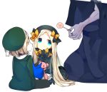  2girls abigail_williams_(fate/grand_order) babe_(fate) bangs beret black_bow black_dress black_hat blonde_hair blue_eyes bow candy dress fate/grand_order fate_(series) food forehead gloves hair_bow hat holding holding_stuffed_animal lollipop long_hair multiple_girls orange_bow overalls pantyhose parted_bangs paul_bunyan_(fate/grand_order) polka_dot polka_dot_bow short_hair sleeves_past_wrists stuffed_animal stuffed_toy ume_(pickled_plum) yellow_eyes 