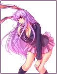  1girl animal_ears bangs bare_legs blazer border breasts bunny_tail carrot_necklace cleavage commentary eyebrows hand_up hater_(hatater) highres jacket kneehighs large_breasts leaning_forward long_hair long_sleeves looking_at_viewer miniskirt pink_skirt purple_hair rabbit_ears red_eyes reisen_udongein_inaba simple_background skirt solo tail touhou very_long_hair white_background 