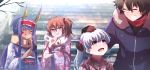  1boy 3girls :d ^_^ bangs black_gloves black_kimono blue_jacket blurry blurry_background blush breath brown_hair character_request closed_eyes command_spell dark_skin day depth_of_field eyebrows_visible_through_hair facial_mark fate/extra fate/grand_order fate_(series) floral_print frills fujimaru_ritsuka_(female) fur-trimmed_jacket fur_collar fur_trim gloves grey_kimono grin hair_between_eyes hair_bobbles hair_ornament hair_scrunchie hand_on_another&#039;s_head hand_to_own_mouth headband high_ponytail highres jackal_ears jacket japanese_clothes kimono long_hair long_sleeves looking_at_another multiple_girls nitocris_(fate/grand_order) nursery_rhyme_(fate/extra) obi open_mouth outdoors ponytail print_kimono purple_hair red_scrunchie sash scrunchie side_ponytail sidelocks silver_hair smile smirk snow snowing stairs stone_stairs v-shaped_eyebrows very_long_hair violet_eyes wadakazu wide_sleeves yellow_kimono 